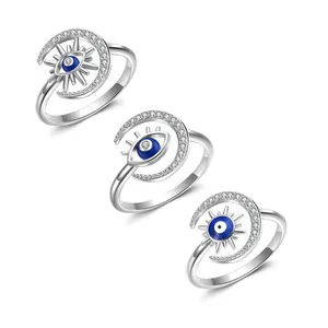 Fashion Turkish Design 925 Sterling Silver Evil of Eye Ring Open adjustable Blue eyes finger ring for Women Jewelry wholesale