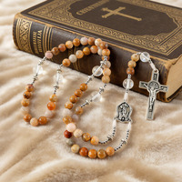 Collier Chapelet Catholique Vintage en Pierres Naturelles avec Crucifix Croix de Jésus Bijoux de Prière pour Femme Vente en Gros
