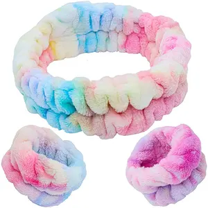 Tie Dye Spa Headband Para Lavar o Rosto E Combinando Pulseiras, Girls Fuzzy Skincare Headbands, Kids Soft Facial Makeup Head C06