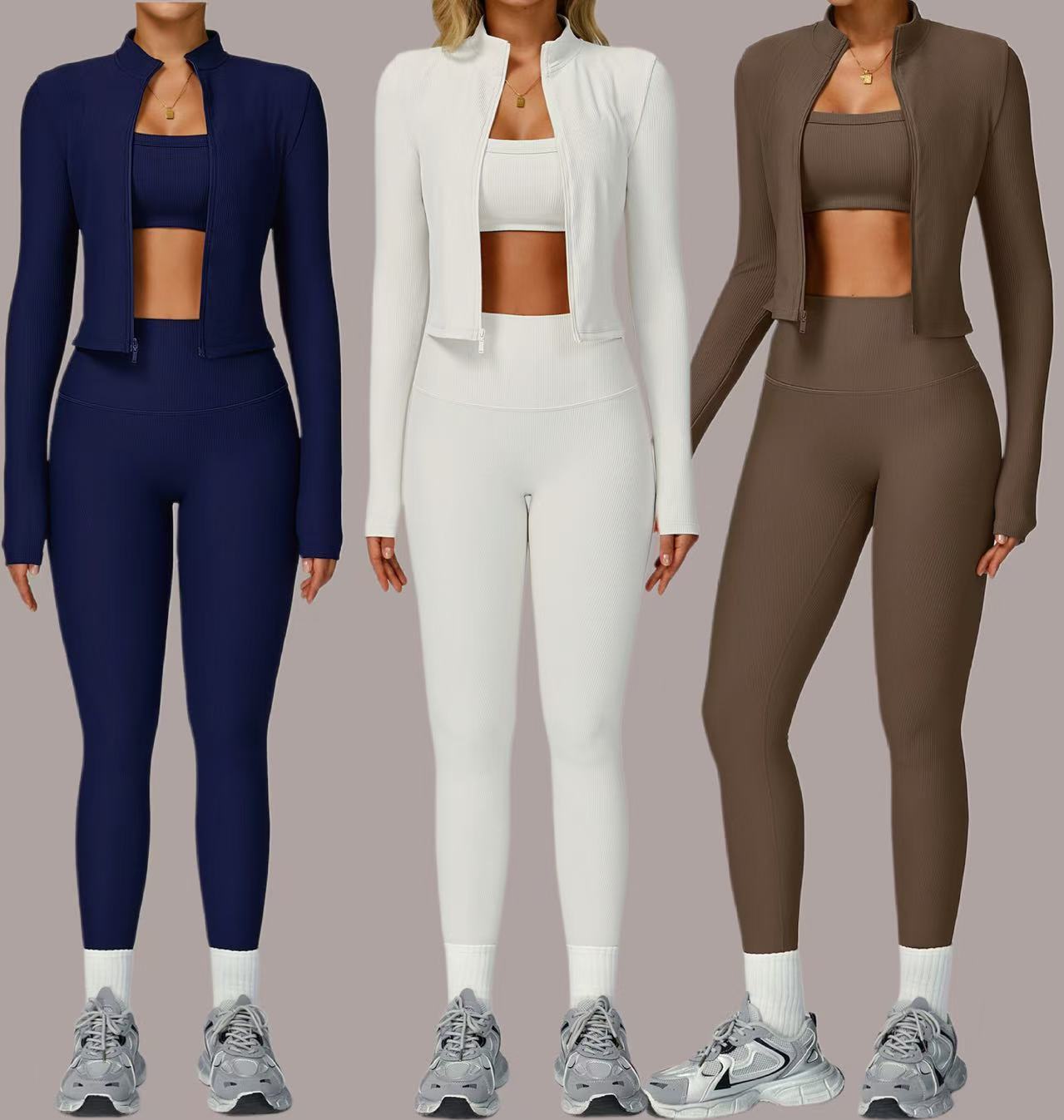 Women's Yoga 3Pcs Sets Solid Breathable Quick Dry Tight Running Fitness Shock-proof Bra High Waist Sports Set Outdoor Fitness