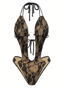 Traje de baño de una pieza sexy de encaje negro para mujer, halter con corte en V profundo y espalda descubierta, venta al por mayor de ropa de playa - Product Image 5