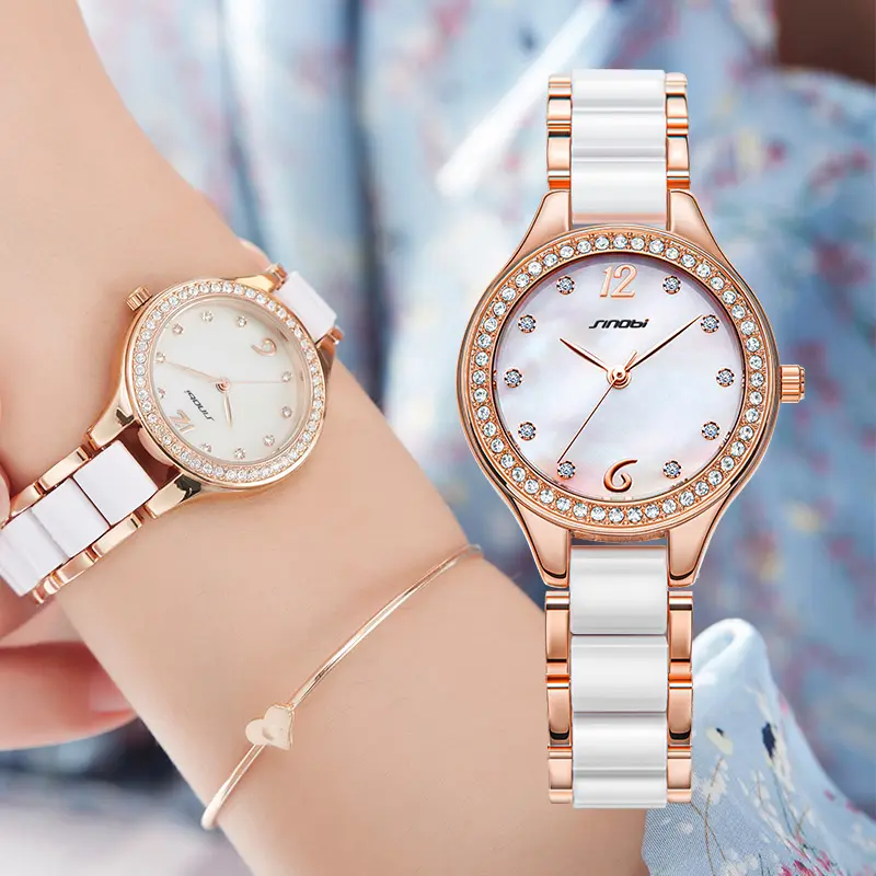 SINOBI Women Luxury Watch Female Rose Gold Elegant Diamond Lady Quartz Wrist Watch Ceramic Waterproof Watch Reloj Mujer Gift