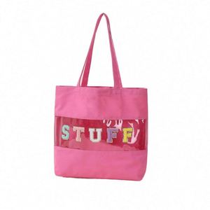 Sac à main en toile de coton personnalisé avec lettres brodées, sac fourre-tout en toile PVC transparente - Product Image 1