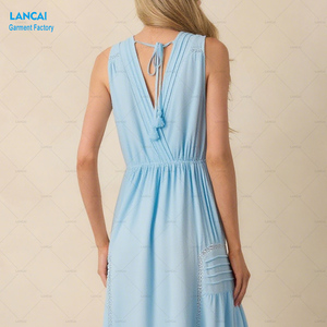 OEM Women's Light Blue Sleeveless V-Neck Midi <b>Dress</b> Linen Blended High Waist A-Line for Casual Party Summer Beach Daily Wear - Product Image 4