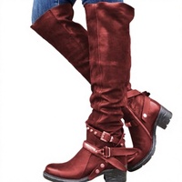 Bottes hautes noires déchirées pour femmes avec rivets et boucles, talon carré bas, style western biker, chaussures décontractées