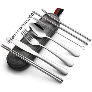 7-stück Portable Stainless Steel Flatware Set, Travel Camping Cutlery Set mit metall trinken stroh