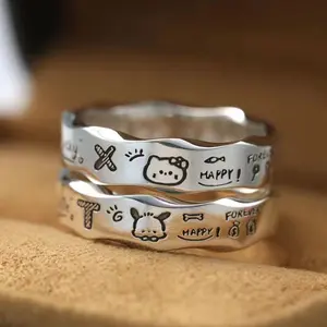 Cincin pasangan coretan kartun pria wanita, aksesori perhiasan harian cincin jari pembuka Pochacco Hello Kitty lucu