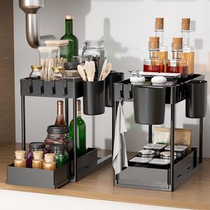 Tiroir à double étagère coulissant à 2 niveaux Organisateurs polyvalents sous l'évier <span class=keywords><strong>pour</strong></span> les comptoirs de <span class=keywords><strong>cuisine</strong></span> et de salle de bain Armoires de rangement à tirette - Product Image 1