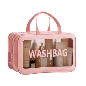 حقيبة غسيل استحمام شفافة شفافة شفافة بسحاب للنساء XXL ، حقيبة أدوات تجميل وردية كبيرة للسفر