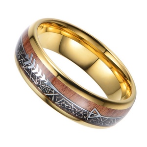18K Gold <b>Titanium</b> Steel <b>Ring</b> Set 6mm Electroplated Silver Wire Acacia Wood Fish Bone Figure Stainless Steel Tungsten Steel - Product Image 4