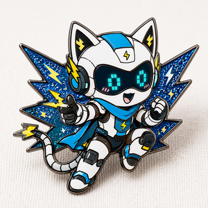 Pin de esmalte duro personalizado Cyber Cat Robot, insignia de solapa de metal con purpurina negra y rayo, OEM ODM - Product Image 1