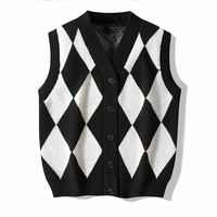 Gilet cardigan tricoté personnalisé pour homme, col en V, 12GG, anti-rétrécissement, jacquard, motif losanges, patchwork, boutonné, sans manches, pull d'hiver