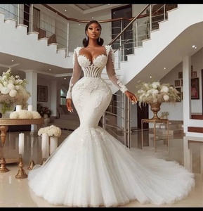 Vestido <span class=keywords><strong>de</strong></span> Novia Sexy <span class=keywords><strong>para</strong></span> <span class=keywords><strong>Fiesta</strong></span> Nupcial, Largo, Blanco, Formal, Económico, Vestido <span class=keywords><strong>de</strong></span> Novia <span class=keywords><strong>de</strong></span> Manga Larga con Corte Sirena WM676 - Product Image 2