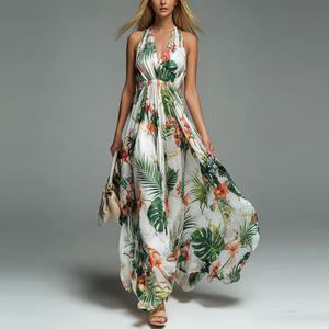 Robe mi-longue décontractée pour femme, imprimée, col halter, sans manches, coupe ajustée, en polyester, avec fermeture éclair - Product Image 4