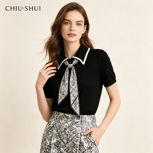 Elegante Camicetta Nera da Donna con Fiocco a Sciarpa e Colletto Rovesciato, Top Trendy Estivo per Signore - Product Image 1
