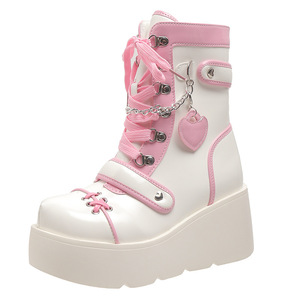 Ladies Cute <b>Heart</b> Decor Short Boots <b>Sweet</b> Pink Style Height Increasing Thick Sole Lace Up Fashion Motorcycle Boots - Product Image 1