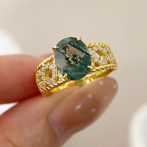 Anillo de Joyería de Lujo, Anillo Apilable Simple de Ágata Verde Natural, Chapado en Oro de 18k, Anillo de Ágata Verde para Mujer, Regalo de Aniversario - Product Image 1