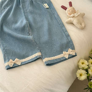 TongXingYuan Girls Jeans Sky Blue Cotton <b>Elastic</b> Waist <b>Lace</b> Trim Summer Casual Pants Children's Wear - Product Image 4