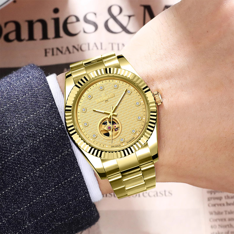 Fast Shipping Luxury Automatic Mechanical Watch Men 24K Gold Dial 11 Genuine Diamonds Miyota 82S0 40MM Wrist Watch