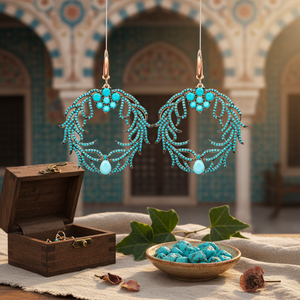 Boucles d'oreilles pendantes en argent sterling 925 avec pierre turquoise ronde, design Ivy, vente en gros turque - Product Image 2