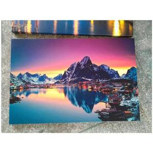 Toile murale décorative <span class=keywords><strong>paysage</strong></span> <span class=keywords><strong>de</strong></span> Lofoten (Norvège) – Coucher <span class=keywords><strong>de</strong></span> soleil, <span class=keywords><strong>montagne</strong></span> enneigée, reflet du lac turquoise – Tableau encadré pour la décoration intérieure - Product Image 1