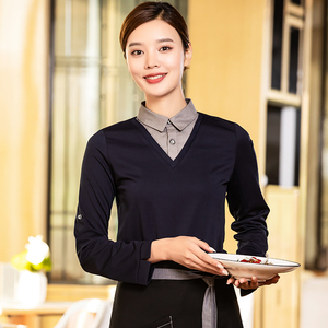 Nueva moda personalizada de imitación de dos piezas camisa de trabajo restaurante Bar personal uniforme superior camarero camarera estilo Casual Fabricación de <span class=keywords><strong>camisetas</strong></span> - Product Image 3