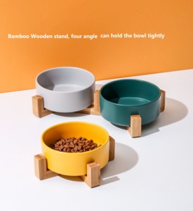 Tigela de cerâmica para animais, tigela de comida única com suporte de madeira para animais de estimação - Product Image 5