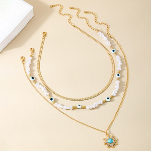 Collier multi-couches bohème pour femme, perle baroque, turquoise, pendentif soleil, acier inoxydable 316L plaqué or, chaîne empilable, bijoux - Product Image 6