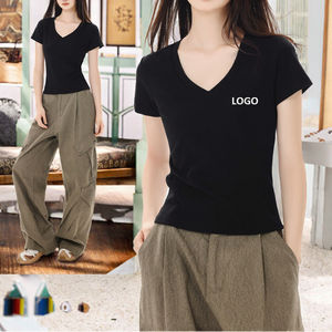 Wholesale Cotton Embroidered Knitted Casual Slim Fit Solid V-neck Short-sleeved Summer Tight <b>Women's</b> <b>T</b>-<b>shirt</b> - Product Image 3