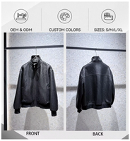 Blouson d'hiver pour homme en cuir véritable noir tressé, col montant, fermeture éclair intégrale, manches longues, poignets côtelés
