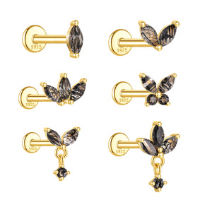 Boucles d'oreilles de piercing pour cartilage en argent sterling S925 1.2x6mm, avec quartz rutile noir, motifs marquise, couronne, feuille, papillon et géométriques - Product Image 2