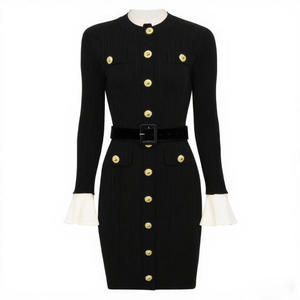 A10712 Migugarment Abiti Mini Lavorati a <span class=keywords><strong>Maglia</strong></span> di Alta Qualità alla Moda con Decorazione di <span class=keywords><strong>Bottoni</strong></span> Dorati e Tasche Abiti Casual a Maniche Lunghe - Product Image 2