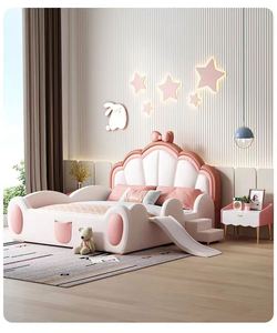 Castle <b>Slide</b> Kids <b>Bed</b> with Pink Bow Design Solid Wood Frame & Safety Guardrails for Girls Playful Princess Theme - Product Image 6