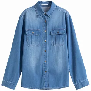 Stone Washed Women's Denim Shirt Slim Fit Cowboy Casual Jeans Shirt With Front Pockets For Lady's Blouse OEM