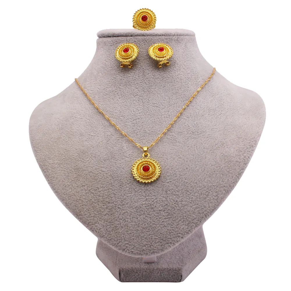 Ethiopian Gold Red Rhinestone Jewelry Sets Pendant/Earrings/Ring Africa Ethiopia Wedding Set Habesha Eritrea HWT131