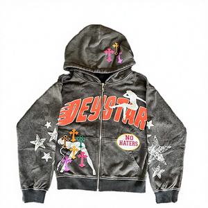 Sweat à capuche personnalisé de haute qualité en molleton 100 % coton, imprimé numériquement, délavé, épais, longueur standard, fermeture éclair, collection automne - Product Image 3