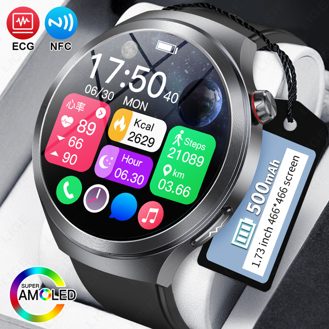 Lige BWET475 ET475 Smartwatch 1.73-inch AMOLED Screen Blood Pressure Monitoring NFC Waterproof Intelligent Voice Assistant Watch