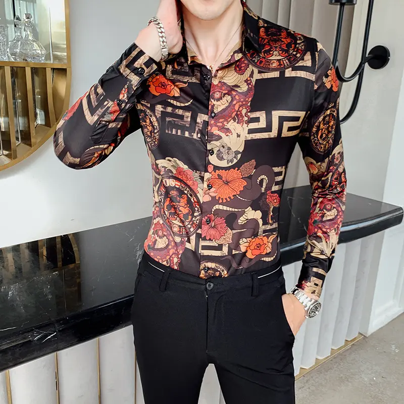 Fashion long-sleeved shirt men Korean style self-cultivation personality trend flower shirt European retro