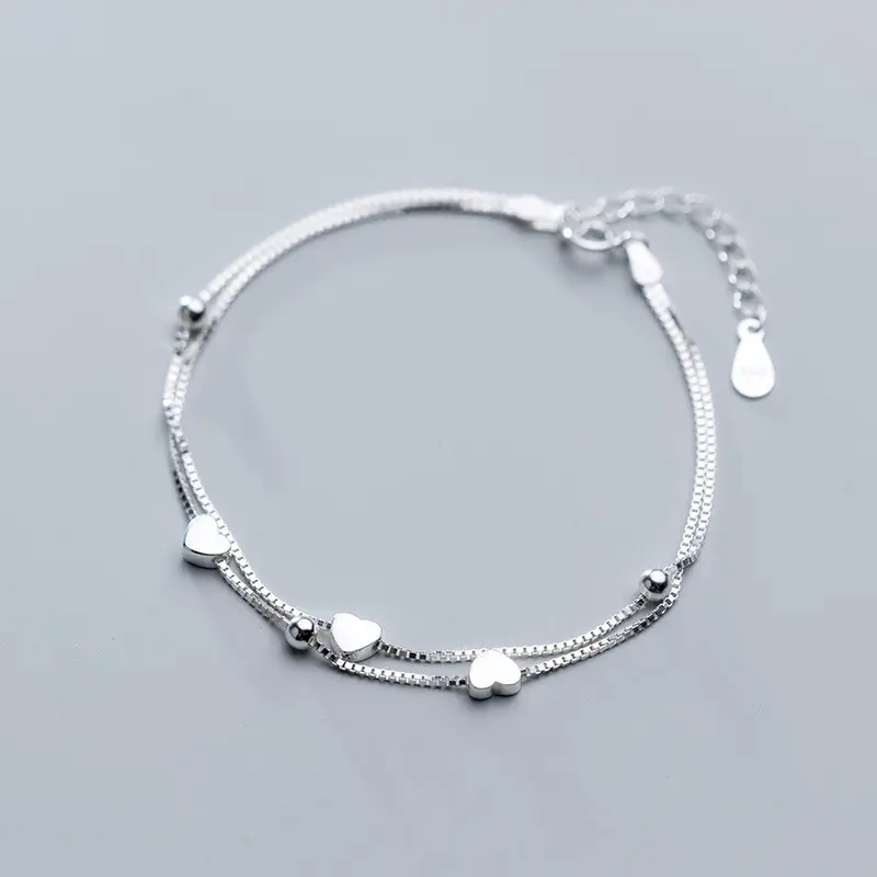 Personality S925 Sterling Silver Box Chain Bracelets Adjustable Double Layers Pure Silver Love Heart Bracelet