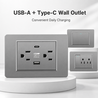 Enchufe de Pared Americano Estándar de Plástico Gris con USB Tipo-C y USB-A, Interruptor de 2 Vías, 3 Tomas, 16A, 110-240V, IP20, para Hogar, Estados Unidos y México
