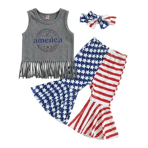 1 buah Label pribadi RTS baju bayi musim panas katun Amerika Hari patriotik celana atas balita perempuan Set 2 potong