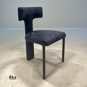 Contemporary Artistic T-Back <b>Dining</b> Chair Dark Blue Velvet Black Frame for Commercial Villa - Product Image 1