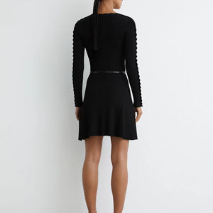 Vestido casual elegante de alta calidad para mujer, vestido de punto con cuello en V, manga larga con volantes, cinturón y corte acampanado, mini vestido para fiesta u oficina. - Product Image 3