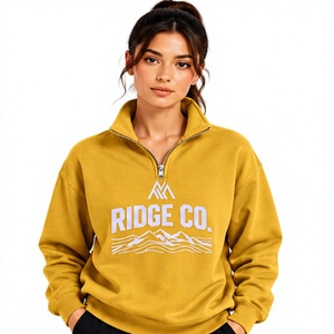 <b>Women's</b> <b>Yellow</b> Quarter Zip Sweatshirt Cotton Stand Collar Long Sleeve Front Graphic Print <b>Top</b> - Product Image 1