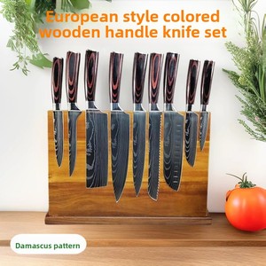 Set di 10 <span class=keywords><strong>Coltelli</strong></span> <span class=keywords><strong>da</strong></span> <span class=keywords><strong>Cucina</strong></span> con Motivo Damascato al Laser, Manici in Legno Colorato, Multiuso per Affettare e Tagliare Carne e Pane, Coltello <span class=keywords><strong>da</strong></span> Chef - Product Image 2