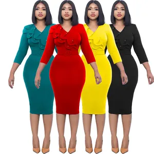 סגנון חדש בתוספת גודל נשים של שמלות מזדמנים שכבה כפולה צווארון מוצק צבע גבירותיי Vestidos אלגנטיות משרד ללבוש שמלה