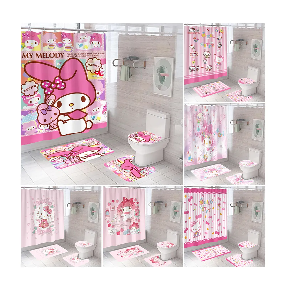 Cortinas de ducha de baño impermeables de poliéster Pink Cat Kitty de diseñadores de moda modernos con alfombrillas para niños