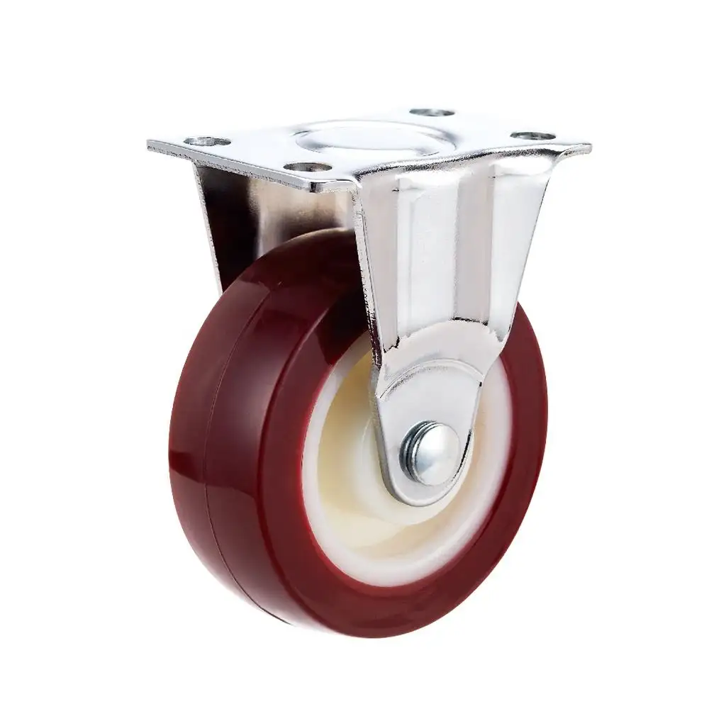 2 "3" Fixed Rigide Chrome Plain Bearing PP Jante Claret Virgin RED PU Castor Wheel Polyuréthane Casters