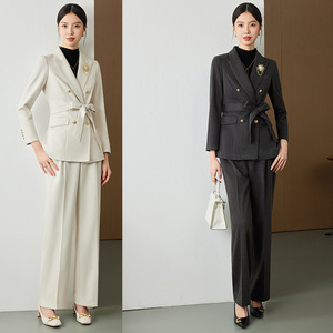 Women's Wool Suit Set Solid Color Double Breasted Blazer With Belt Pants Anti-Wrinkle Formal Wear - Product Image 1