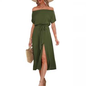 European and American <b>Summer</b> Women's <b>Sexy</b> Strapless Short Sleeve Tie Waist Split Midi <b>Dresses</b> - Product Image 2